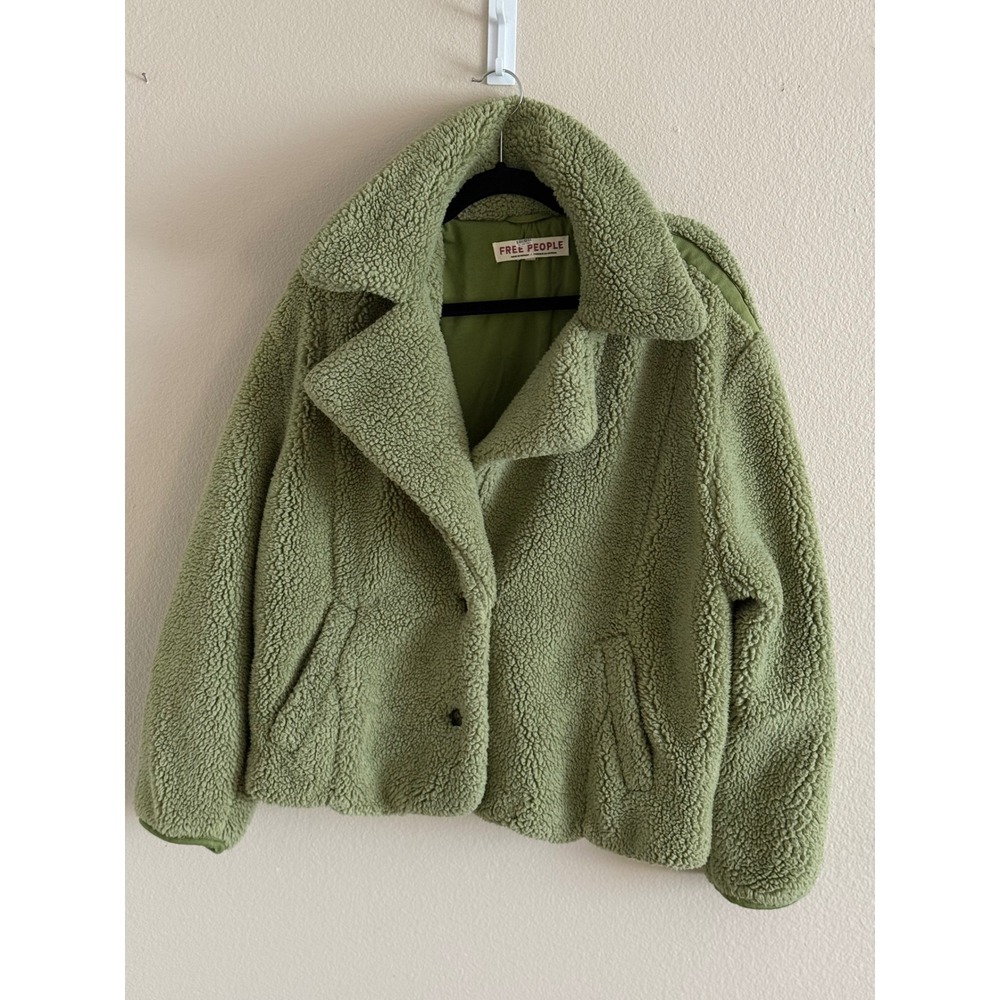 Free People Green Sherpa Teddy Moto Jacket Size S Notched Lapel Fleece Biker